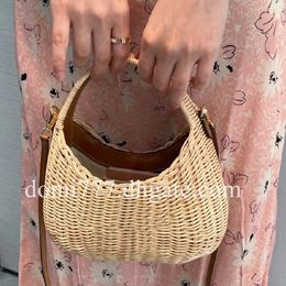 With Leather Letter Logo Rattan Woven Women's Handbag Shoulder Bag Makeup Cosmetic Bags 27x17x6cm