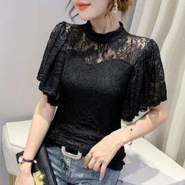 T-shirt #7467 Black White Pink Lace T Shirt Women Stand Collar Perspective Women's Tshirt Flare Sleeve Women's Tee Shirt Sexy Summer