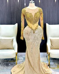 2023 May Aso Ebi Gold Mermaid Prom Dress Beaded Crystals Lace Evening Formal Party Second Reception Birthday Engagement Gowns Dresses Robe De Soiree ZJ341