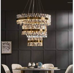 Pendant Lamps Luxury Plated Gold Bronze Lustre K9 Crystal Led Lights Luminarias El Lobby Straight Lamp Lighting Fixture