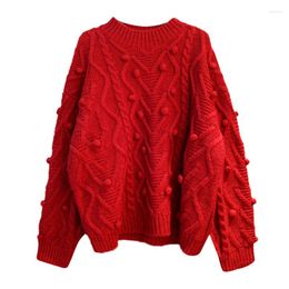 Women's Sweaters PERHAPS U Women Sweater Crew Neck Pullovers Hairball Cable Casual Winter Loose Oversize Red Orange Purple M0214