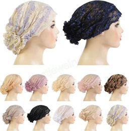 Fashion Muslim Women Inner Hat Hijab Lace Caps Turban Headwear Underscarf Islamic Flower Headscarf Wrap Bonnet Hair Loss Cover