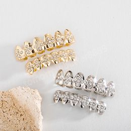 Micro Rhinestone Teeth Grillz For Men Women Jewelry Set Gold Color Hip Hop Piercing Paved Zircon Teeth Grills Cap