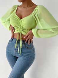 Women's Polos Sexy V-neck Women Blouses Drawstring Long Sleeve Crop Tops Ladies Fashion Summer Short Shirt Woman Clothes Blusas