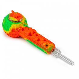 New Multifunctional Colorful Silicone Pipes Herb Tobacco Filter Nineholes Glass Bowl Caps Smoking Portable Quartz Tip Straw Nails Dabber Spoon Oil Rigs Stash Case