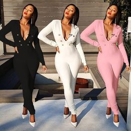 Women's Jumpsuits & Rompers OMILKA Double Breasted Elegant And 2023 Autumn Women Long Sleeve Deep V Neck Bodycon Party OL Overalls