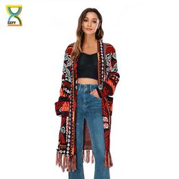 Sweaters CGYY 2021 Fashion Red Color Spring Autumn Long Sleeve Knitted Boho Plaid Cardigan Women Open Front Sweaters with Fringe Tassel