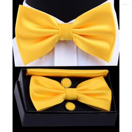 Bow Ties Ricnais Men's Pre-tied Tie Set Solid Bowtie Pocket Square Cufflinks With Box Waterproof Fold For Man Yellow Red Wedding