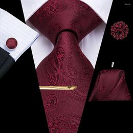 Bow Ties Burgundy Paisley Solid Silk Wedding Tie For Men Handky Cufflink Flower Clip Necktie Fashion Business Party Dropship Hi-Tie