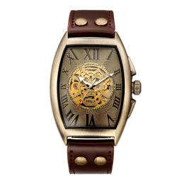 Wristwatches Sport Series Steampunk Skull Design Mechanical Watch Mens Watches Bronze Leather Men's Automatic Top Brand
