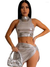 Work Dresses Silver Two Piece Bodycon Set Women For Party Crop Tops And Mini Skirts Asymmetric High Waist Night Club Sexy Outfits Sets