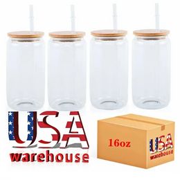 USA CA Stock 16oz Süblimasyon Cam Boşluk Bambu Kapak Buzlu Bira Borosilate Borosilate Tumbler Mason Kavanoz Kupaları Plastik Saman 50 PC/CTN