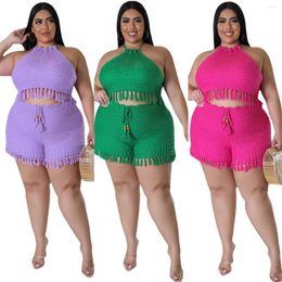 Women's Tracksuits Plus Size Crochet Summer Knitted Sweater 2 Piece Pants Sets Sexy Spaghetti Strap Women Outfits Fishnet Tassels Crop Top