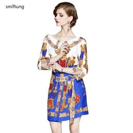 Dress wholesale smiftung women's shirt and skirt suit / office lady printing clothing / Three Quarter sleeve / white and blue