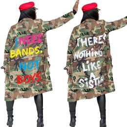 Raincoats Letter Print Trench Women Camouflage Coat Long Sleeve Turn Down Collar Windbreaker with Pockets Fall Spring Clothes Streetwear