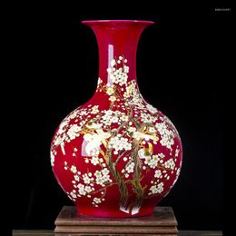Vases Jingdezhen Chinese Red Ground Large-sized Ceramic Vase The Magpies Plum Blossom Design Home Decoration Furnishing Articles