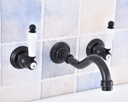 Bathroom Sink Faucets Double Ceramic Handle Wall Mounted Oil Rubbed Bronze Faucet & Cold Water Taps Basin Mixer Tap Tsf495