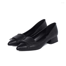 Dress Shoes K096 Women Genuine Leather Elegant Pumps Universe Black Thick High Heels Pointed Toe