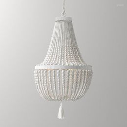 Chandeliers Weathered White Wood Beads Chandelier Lighting Pendant Bedroom Lights For Nursery Baby Room Living Suspension Kitchen Lamps