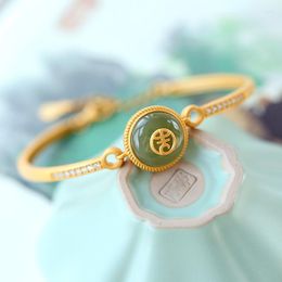 Charm Bracelets Original S925 Sterling Silver Gold Plated Natural Hetian Jade Peace Buckle Ji Character Ancient Royal Court Open-End Bangle