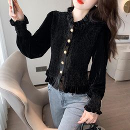 Women's Blouses Vintage Buttons Lantern Sleeves Velvet Women Shirt Autumn Winter Fashion Ruffled Stand Collar Female Blouse Black Elegant