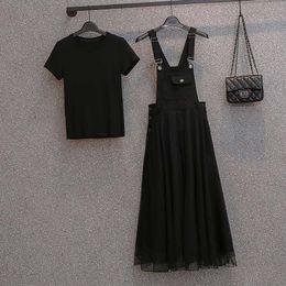 Dress Summer Casual Woman Two Piece Sets Solid Black Oneck Tshirt And Gauze Mesh Suspender Strap Skirt Female Elegant Suit clothes