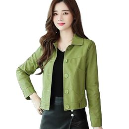 Jackets Short Green Leather Jacket Women's Casual Loose Single Breasted Faux Leather Coat Sping Autumn Big Pocket Motorcycle Outwear Q52