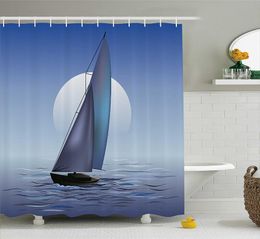 Shower Curtains Nautical Curtain Sailing Boat In Moonrise Dramatic Sky Ocean Reflections Wavy Serene Illustration Bathroom