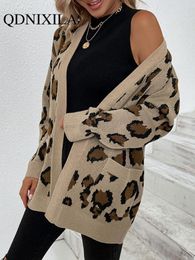 Sweaters New Autumn Winter Sweater Leopard Print Cardigan Women Oversize Jacket Loose Green Thick Warm Knitted Cardigan for Women 2023