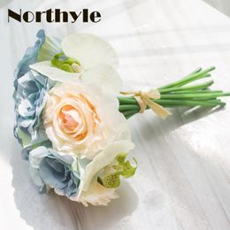 Decorative Flowers Northyle Artificial Moth Orchid Rose Wedding Bouquet Fake Decor Bride Holding For Marriage & Wreaths