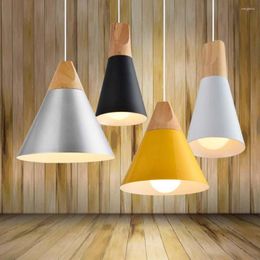 Pendant Lamps Simple Creative Three Color Wood Aluminum Cone Light Natural Fresh Countryside Coffee Bar