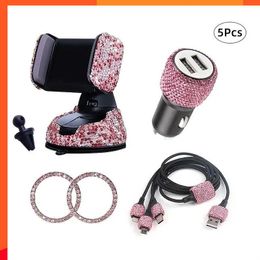 New 5pcs Women Accessories Set Bling Diamond Car Phone Holder Auto Charger 3-in-1 Charging Cable 1pair One-key Start Stickers