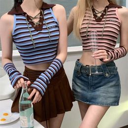 Women's T Shirts Spring 2023 Collar Contrast Colour Slim Fit Removable Sleeves Crop Tops Women Lace Up Striped Sports Tank TopsWomen's