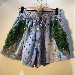 Women's Shorts Summer Stretch Jeans Green Sequinsbead Sequins High Waist Wide Legs Denim Girl