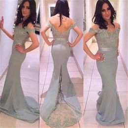 Sier Evening Dresses Mermaid Off Shoulder Lace Applique Ribbon Chiffon Ruffles Custom Made Floor Length Formal Ocn Wear Arabic Prom Gown Vestidos 403