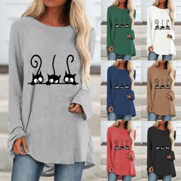 T-Shirt Autumn Women's Fashion Casual Black Cat Print Round Neck Long Sleeve Shirt and Top Loose Plus Size Ladies Graphic Tshirt Top