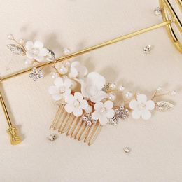 Hair Clips Fashion Flower Combs For Bride Wedding Veil Fixed Jewellery Gold Colour Metal Hairpins Pearls Rhinestone Ornaments