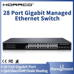 Switches HORACO 28 Port 1000Mbps Ethernet Switch L2 Managed Gigabit Network Switcher Hub Internet Splitter QoS/Vlan/IGMP/Static Routing