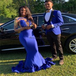 Elegant Royal Blue Prom Dress For Black Girls Long Sleeve Mermaid Gold Lace Evening Gowns 2023 Tight African Birthday Party Wear robe de soiree vestido de noche ladies