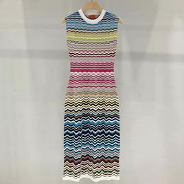 Womens dress european fashion brand crew neck striped design sleeveless knitted dress