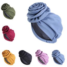 Satin Lined Woman Turban Cap Big Flower African Hat Solid Color Headwrap Bonnet Muslim Hijab Headscarf Ladies Beanies Headwear