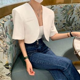 Women's Jackets Tweed Short Sleeve White Blazers Coat 2023 Summer Korean Chic Temperament Shirt Lady Office Fashion Cardigan