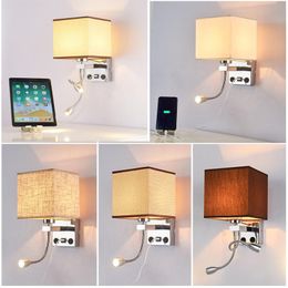 Wall Lamp Modern Simple USB Port Charging El Bedroom Bedside Square Fabric Sconce With Led Spotlight Rocker Switch