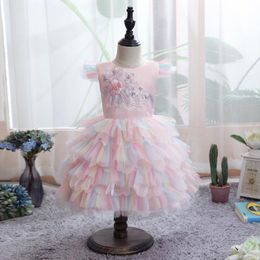 Girl Dresses Girl's Flower Girls Dress Illusion Pearls Embroidey Lace Tulle O-Neck Knee-Length Luxury Pink Short Lovely Kid Party Princess