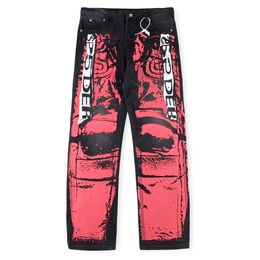 High Street Pants Straight Leg Jeans For Men Designer Punk Star Spider Printed Pants Pantalon Homme Fashion Motorcycle Trousers