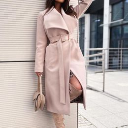 Fur Autumn Elegant Long Coat Women TurnDown Collar Wool Coats LaceUp Belted Bandage Long Cardigan Winter Long Sleeve Solid Outwear