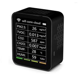 Tuya WiFi 6 In 1 Air Quality Detector PM2.5 TVOC CO2 CH2O Temperature Humidity Monitor Intelligent Multi Black