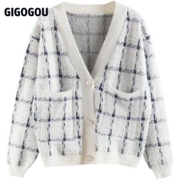 Cardigans GIGOGOU Women Cardigan Sweater Imitation Cashmere Mink Knit Jumper Top Plaid CHIC Womens Winter Warm Coats Jacket