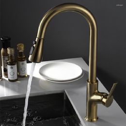 Kitchen Faucets Brushed Gold Copper Sink & Cold Mixer Soild Brass Tap Pull Out Single Handle Deck Mount 360 Degrees Rotating