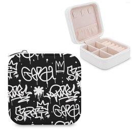 Jewellery Pouches Black And White Graffiti Storage Box Mini Leather Double Layer Organiser For Jewellery Travel Case